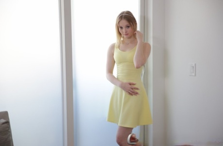 Petite teen Lanna Carter takes dress off and shows her holes at the casting