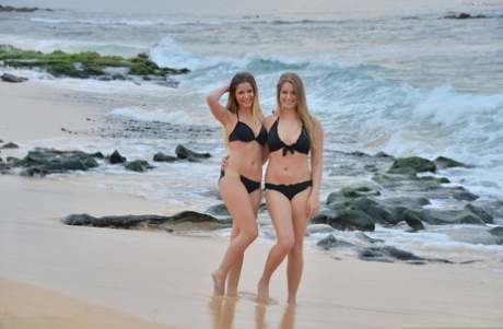 Delightful babes Nicole and Veronica kiss and pose while stripping on a beach